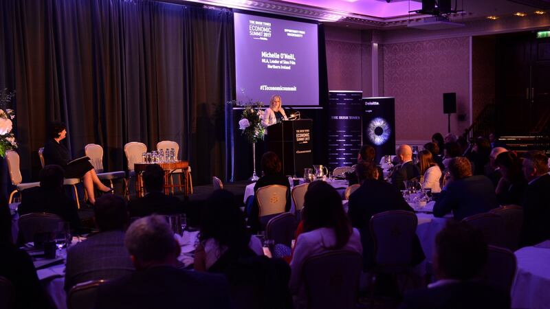 30/05/2017 - NEWS - Michelle O’Neill, MLA, Leader of Sinn Fein in Northern Ireland speaking at The Irish Times Economic Summit 2017 in association with Deloitte, ‘Opportunity from Uncertainty’ at The Shelbourne Hotel, Dublin.Photograph: Dara Mac Dónaill / The Irish Times