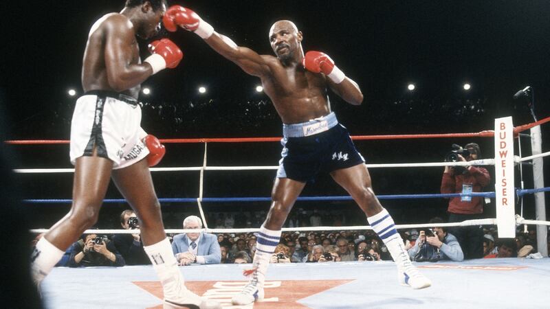 John Mugabi and Marvin Hagler fight for the WBA, WBC and IBF Middleweight titles on March 10th, 1986 at Caesars Palace. Photo: Focus on Sport/Getty Images