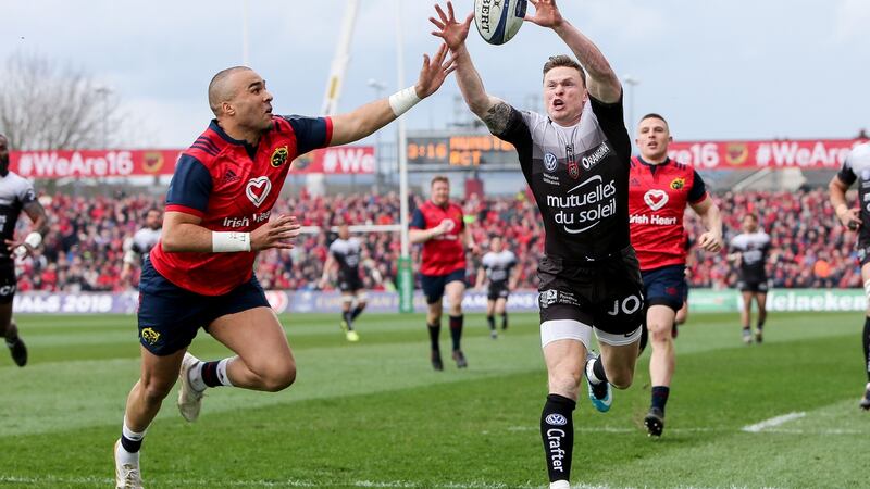 Key moment: In the very first minute at Thomond Park, Simon Zebo prevented Chris Ashton from gathering Eric Escande’s kick into the in-goal area when palming the ball one-handed over touch-in-goal. Photograph: Gary Carr/Inpho