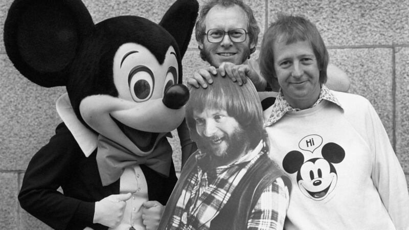 The Goodies:  Graeme Garden (back) and Tim Brooke-Taylor (right) with a Bill Oddie stand-in cut out in 1978. Photograph:  PA
