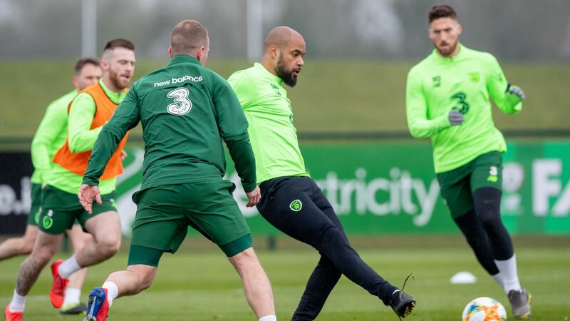 David McGoldrick during Ireland training at the FAI National Training Centre in Dublin on Monday. Photograph: Morgan Treacy/Inpho