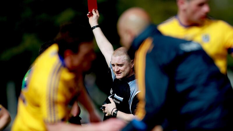 Referee Barry Cassidy red cards Killian McGriskin of Leitrim during Roscommon’s comfortable Connacht championship victory. Photograph: James Crombie/Inpho
