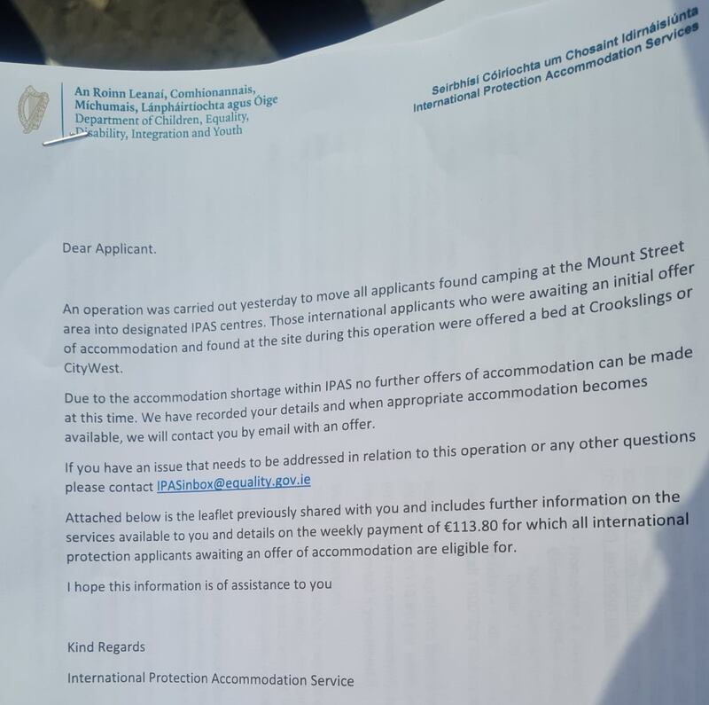 International Protection applicants queuing outside Mount Street offices were handed this letter on Thursday May 2nd.