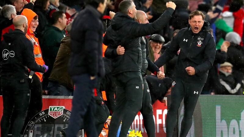 Southampton’s new manager Ralph Hasenhuettl celebrates his team’s third goal against Arsenal. Photograph: Catherine Ivill/Getty Images