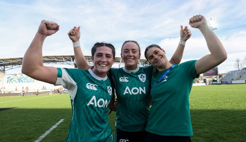 Ireland's Amee-Leigh Costigan, Stacey Flood and Vicky Elmes Kinlan celebrate after the game. Photograph: Tom Maher/Inpho