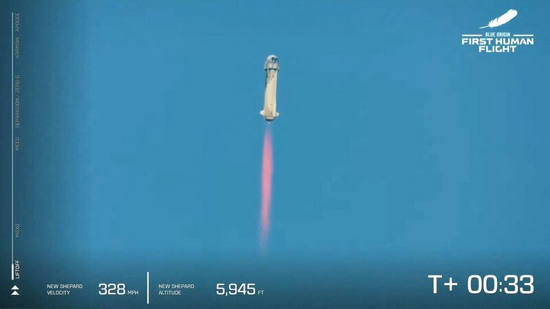 This still image taken from video by Blue Origin Blue Origin’s reusable New Shepard craft as it launched. Photograph: Jose Romero/Blue Origin/AFP