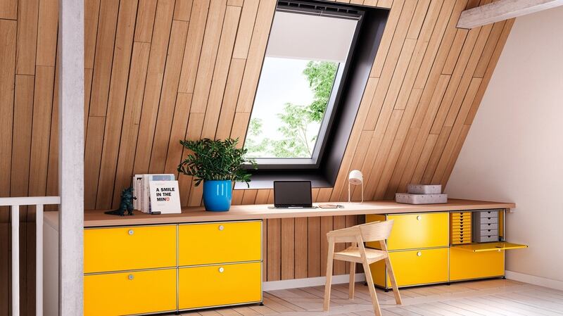 This converted attic features  USM furniture, available to order through Minima