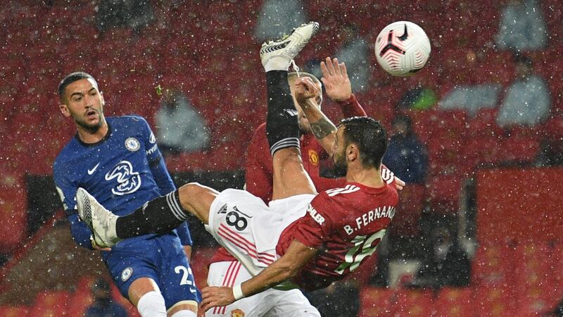 Manchester United’s Portuguese midfielder Bruno Fernandes tries an overhead kick during his side’s goalless draw at Old Trafford. Photograph: Oli Scarff/Getty/AFP
