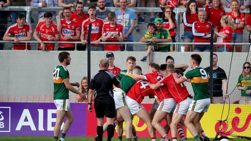 Tempers flare between the teams in the second half. Photograph: Bryan Keane/Inpho
