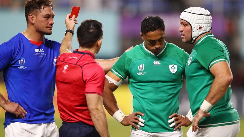 Referee Nic Berry shows Bundee Aki of Ireland a red card. Photograph: Getty Images
