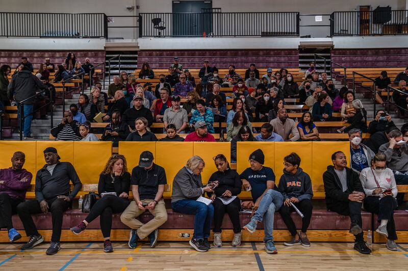 The community meeting at Pasadena City College. Photograph: Ariana Drehsler/The New York Times
                      