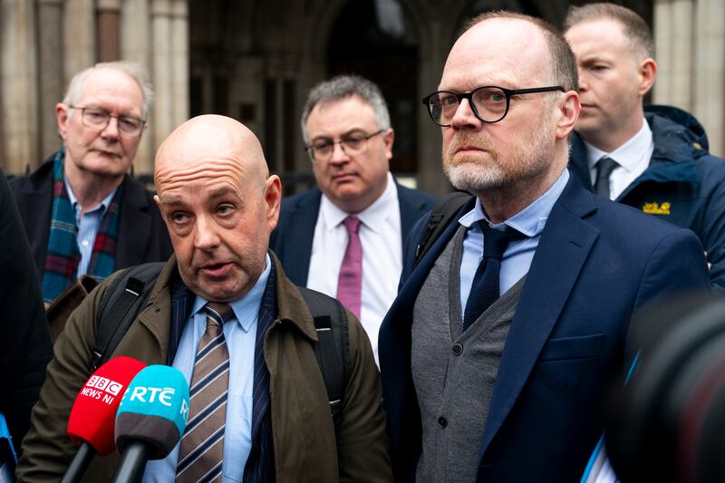 Journalists Barry McCaffrey, left, and Trevor Birney outside the Royal Courts of Justice in London. Photograph: Jordan Pettitt/PA Wire