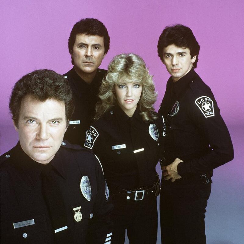 The cast of TV drama TJ Hooker. William Shatner (TJ Hooker), James Darren (Jim Corrigan), Heather Locklear (Stacy Sheridan), Adrian Zmed (Vince Romano).  Photograph:  Bob D’Amico/Walt Disney Television/Getty