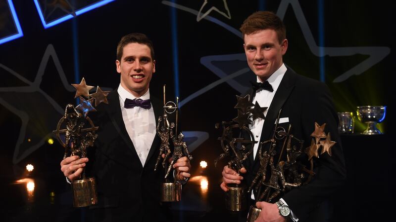 Mayo footballer Lee Keegan and Waterford hurler Austin Gleeson pictured with their player of the year awards in 2016. Photograph:  Ramsey Cardy/Sportsfile
