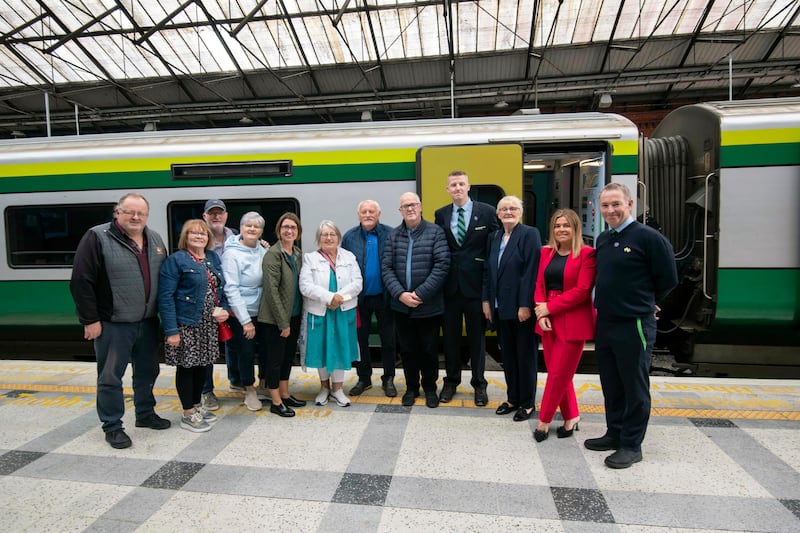 At Kent Railway Station, Cork. From left: Donal Desmond, Alice Walsh, Shaun and Catherine Landers, Susan O'Callaghan, Mary and John O'Connor, John Joe, Patrick and Catherine O'Callaghan, Orla O'Neill and Brendan Flanagan. Photograph: Don MacMonagle
