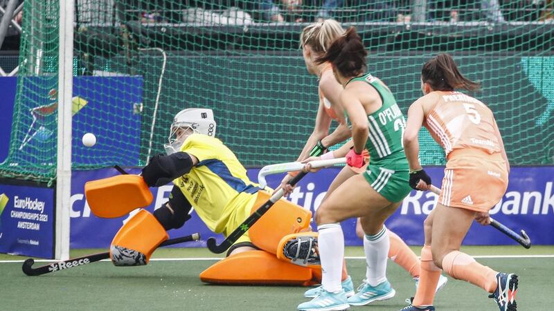Netherlands’ goalkeeper Anne Veenendaal  makes a save from Ireland’s  Anna O’Flanagan early in the game. Photograph:  Willem Vernes/ANP/AFP via Getty Images