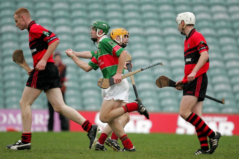 Loughmore's Noel McGrath and Evan Sweeney after beating Adare in the 2007 Munster Senior Club Hurling Championship semi-final. Photograph: James Crombie/Inpho