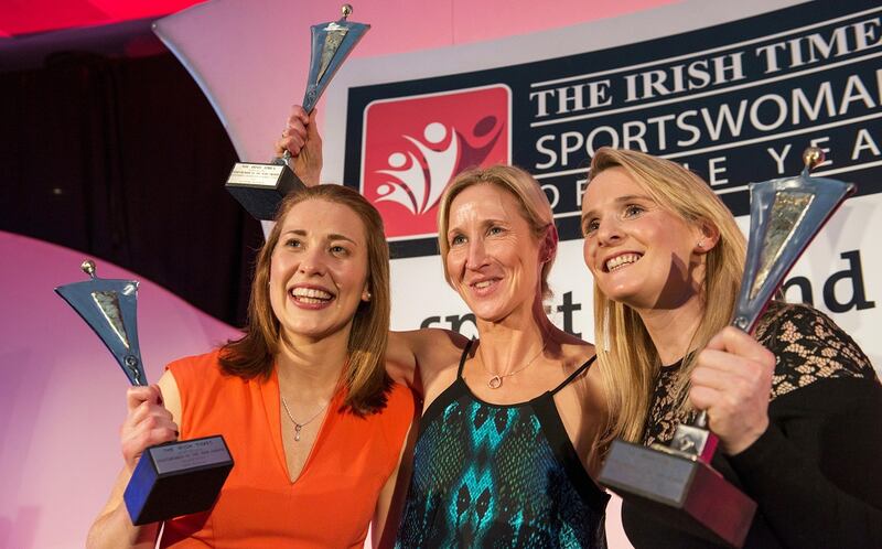 Rena Buckley (left) and Briege Corkery (right), with Catherina McKiernan, who was awarded the Outstanding Contribution to Women's Sport Award at the Irish Times Sportswomen of the Year 2015 awards. Photograph: Brenda Fitzsimons
