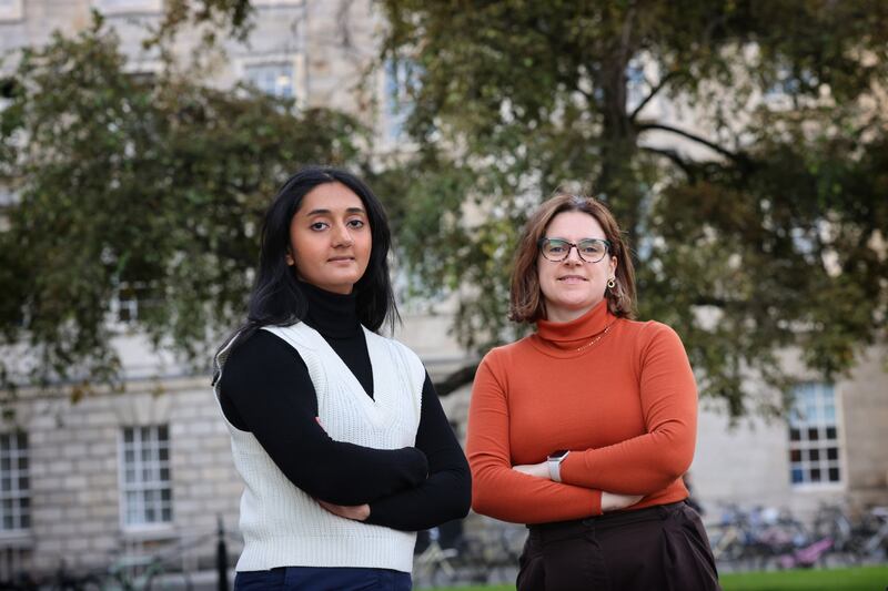 
Shaakya Anand-Vembar and Shauna Donohoe, commitee members of the Postgraduate Workers Alliance at Trinity College Dublin. Photograph: Dara Mac Dónaill 