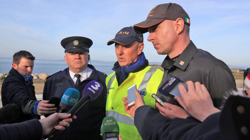 Belmullet Garda Supt Tony Healy, Air Accident Investigation Unit chief inspector Jurgen Whyte and Coast Guard incident manager Michael O’Toole brief the media on Friday at Blacksod in Co Mayo. Photograph: Colin Keegan/Collins Dublin