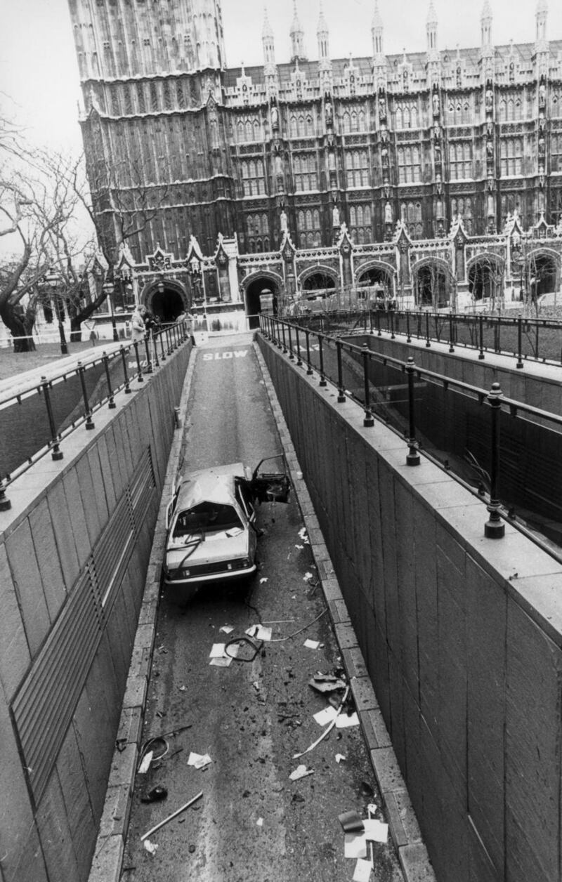 The wreckage of a car hit by an INLA (Irish National Liberation Army) killing Airey Neave (1916 - 1979), as he drove from the House of Commons underground car park Westminster