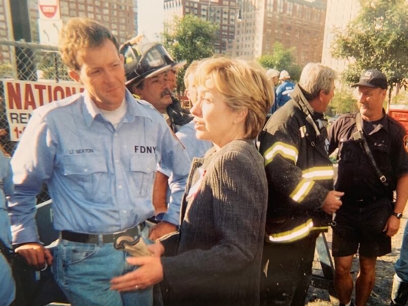 John Sexton with Hillary Clinton during the clean-up at Ground Zero.