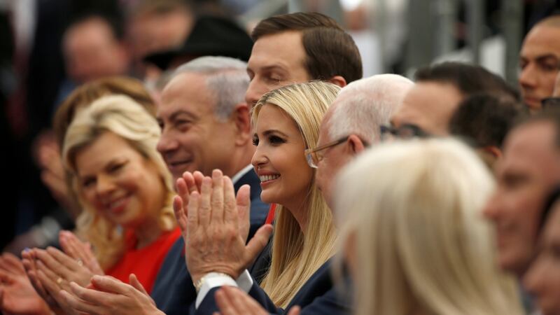 Israeli prime minister Binyamin Netanyahu, his wife Sara Netanyahu and senior White House advisers Jared Kushner and Ivanka Trump applaud during the dedication ceremony of the new US embassy in Jerusalem on Monday. Photograph: Ronen Zvulun/Reuters