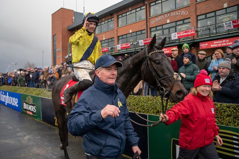 Michael O'Sullivan and trainer Barry Connell celebrate winning the Bar One Racing Royal Bond Novice Hurdle (Grade 1) with Marine Nationale at Fairyhouse in Ratoath, Co Meath last December. Photograph: Morgan Treacy/INPHO