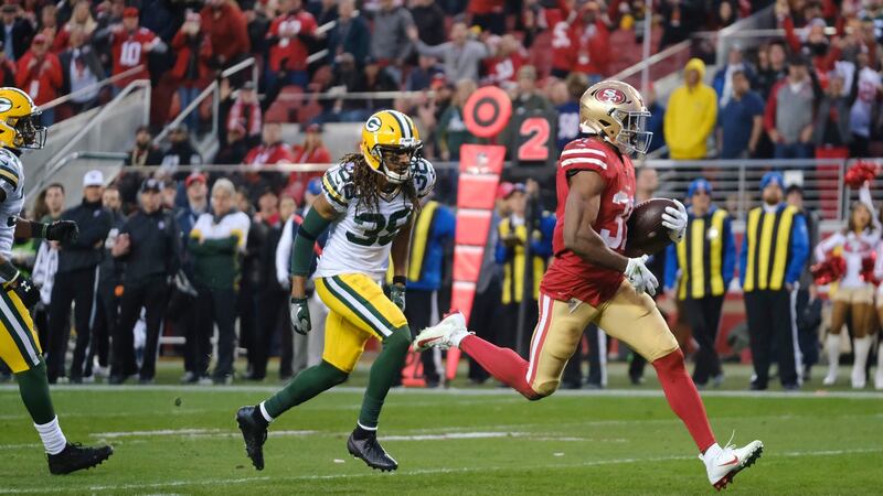 San Francisco 49ers’ Raheem Mostert scored four touchdowns against the Green Bay Pakcers. Photograph: AJ Mast/NYT