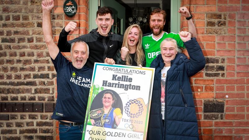 (From left) Harrington’s father Christy, brother Joel, partner Mandy, brother Christopher and mother Yvonne at their house on Portland Row. Photo: Tommy Dickson/Inpho