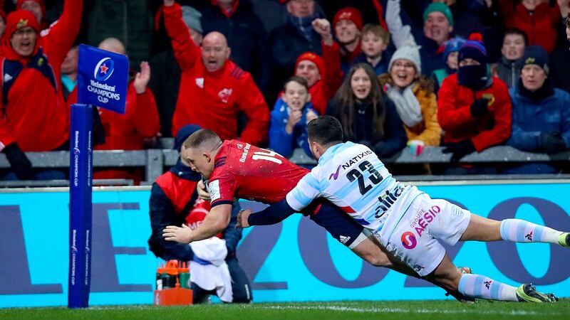 Munster’s Andrew Conway scores a try during the Heineken Champions Cup game against Racing 92 at Thomond park. Photograph: Tommy Dickson/Inpho