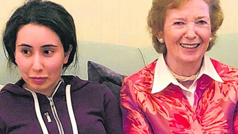 Photo taken on December 15th, 2018, showing Princess Latifa and Mary Robinson in Dubai, UAE. Photograph: United Arab Emirates ministry of foreign affairs and international co-operation via AP