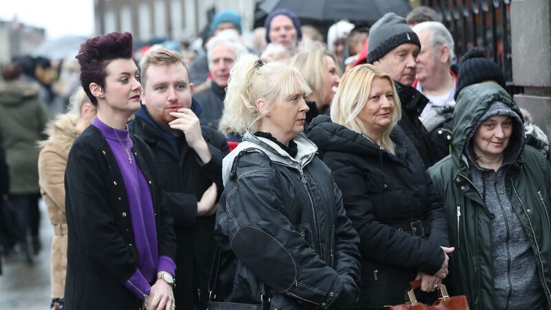 People queue as the coffin of Dolores O’Riordan arrives at St Joseph’s Church in Limerick  for a public reposal. Photograph: Niall Carson