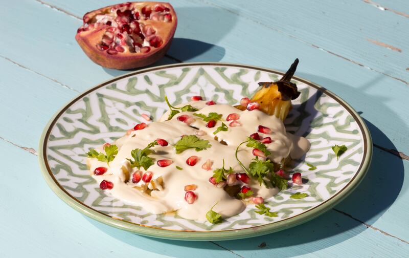 Chargrilled aubergine with tahini sauce.