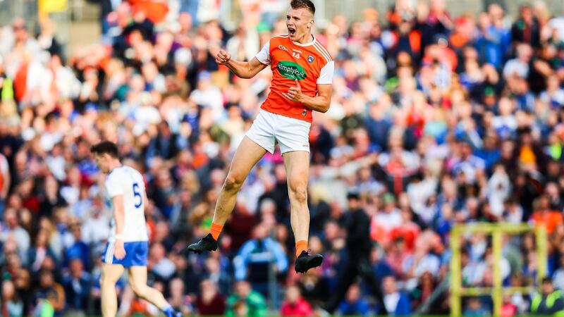 Armagh’s Rian O’Neill celebrates scoring a goal against Monaghan. Photograph: Tommy Dickson/Inpho