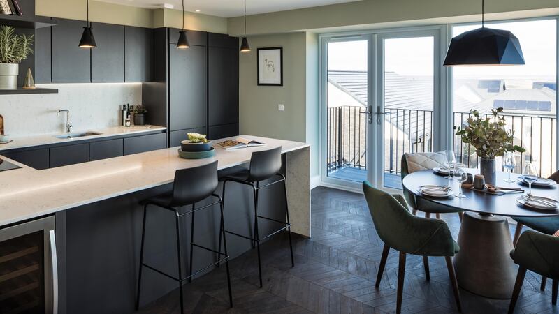 Robswall Malahide: Kitchen’s in the duplexes are designed  by BeSpace (formerly Kitchen Elegance) with marble-look Silestone counters and  Smeg appliances