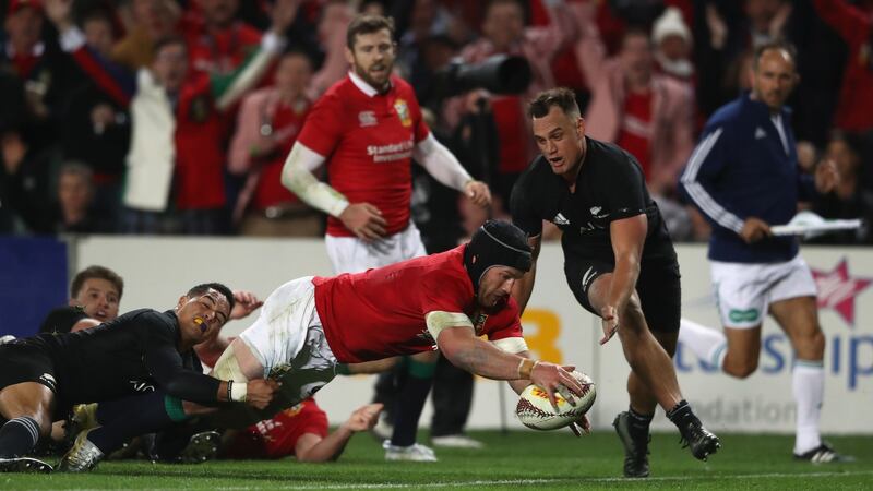 Seán O’Brien scores a try for the Lions during the 2017 series against New Zealand at Eden Park in Auckland. Photograph:  David Rogers/Getty Images