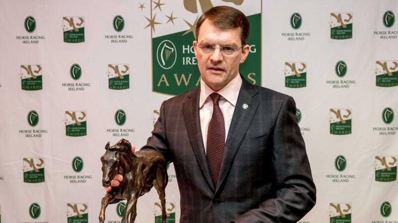 Aidan O’Brien with the Contribution to the Industry Award at this year’s Horse Racing Ireland Awards. Morgan Treacy/Inpho
