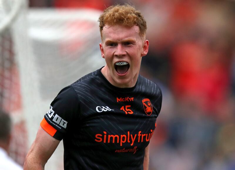 Armagh's Conor Turbitt celebrates scoring a point in extra time during the victory over Kerry at Croke Park. Photograph: Leah Scholes/Inpho