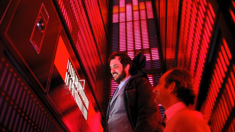 Stanley Kubrick and production designer Tony Masters inside HAL’s logic center, on set of 2001: A Space Odyssey. Photograph: The Stanley Kubrick Estate.
