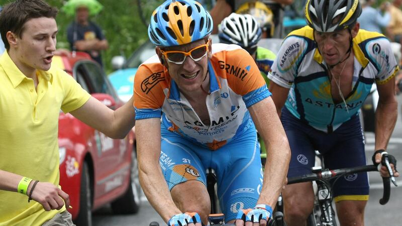 Bradley Wiggins and Lance Armstrong climb during Stage 17 of the 2009 Tour de France from  Bourg-Saint-Maurice and Le Grand Bornand. Photograph: Joel Saget/AFP/Getty Images