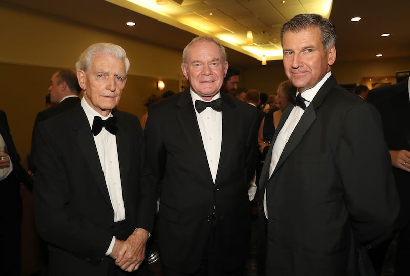 Noel Doran (right) with Martin McGuinness and former chairman of the Irish News, the late Jim Fitzpatrick, who died in 2022 aged 92. Photograph: Irish News