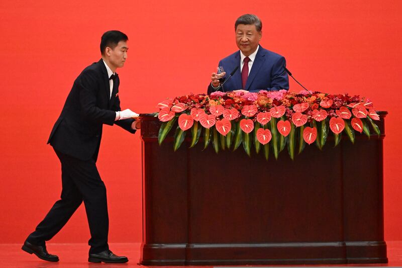 China's president Xi Jinping gives a toast at a reception in the Great Hall of the People, Beijing, following a military parade marking the 80th anniversary of victory over Japan and the end of the second World War. Photograph: JADE GAO/AFP via Getty Images         
