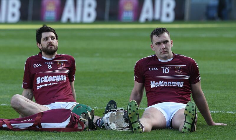 Shane McNaughton and Conor Carson at Croke Park following Ruairí Óg Cushendall's defeat by Limerick club Na Piarsaigh in the 2016 All-Ireland club hurling final. Photograph: Lorraine O'Sullivan/Inpho