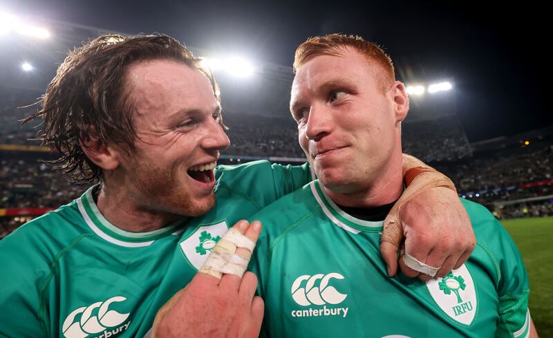 Ireland's Ryan Baird and Ciaran Frawley celebrate after the win over South Africa. Photograph: Dan Sheridan/Inpho