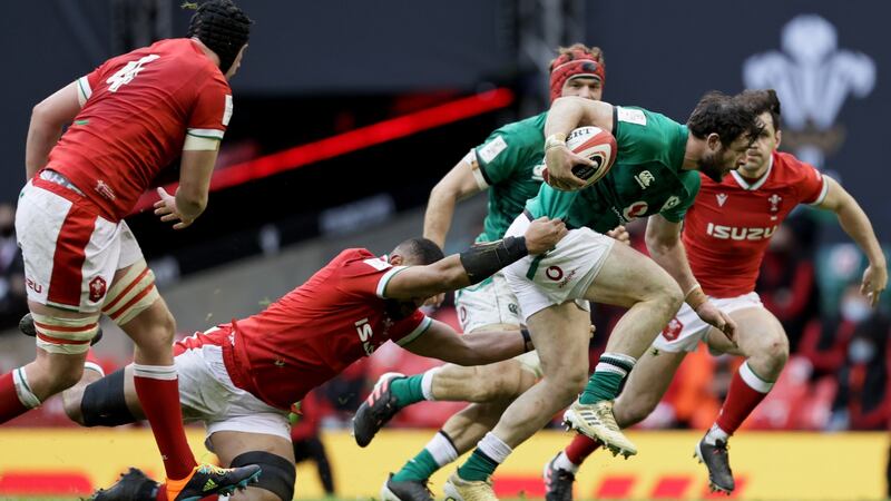 Robbie Henshaw makes his break before Tadhg Beirne’s try against Wales. Photograph: Laszlo Geczo/Inpho
