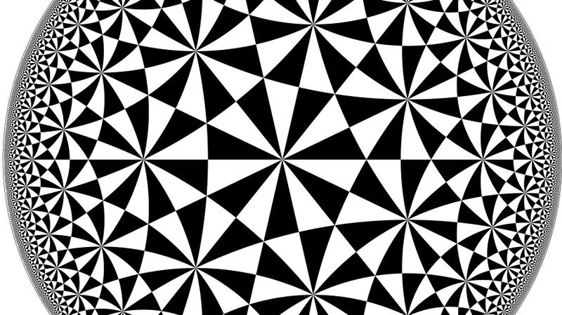 The Poincaré Disk: The triangles appear to shrink exponentially as they recede into the distance but in fact they all have the same size and shape. Each triangle has angles which add up to slightly less than 180 degrees, an impossibility in ordinary geometry.