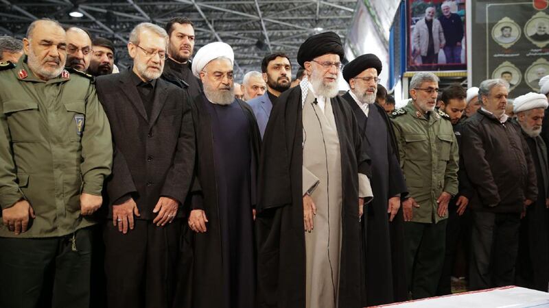 Supreme leader Ayatollah Ali Khamenei leads a prayer over the caskets of Qassem Suleimani and Iraqi paramilitary chief Abu Mahdi al-Muhandis. Photograph: Khamenei.ir/AFP via Getty Images