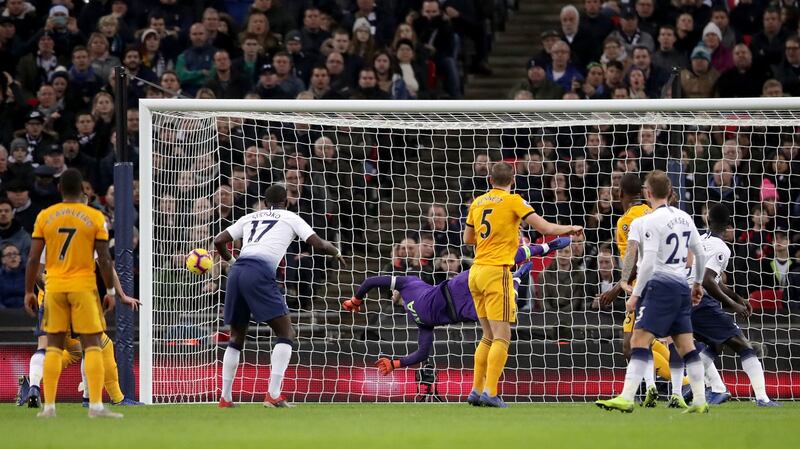 Willy Boly scores the equaliser for Wolves. Photo: John Walton/PA Wire