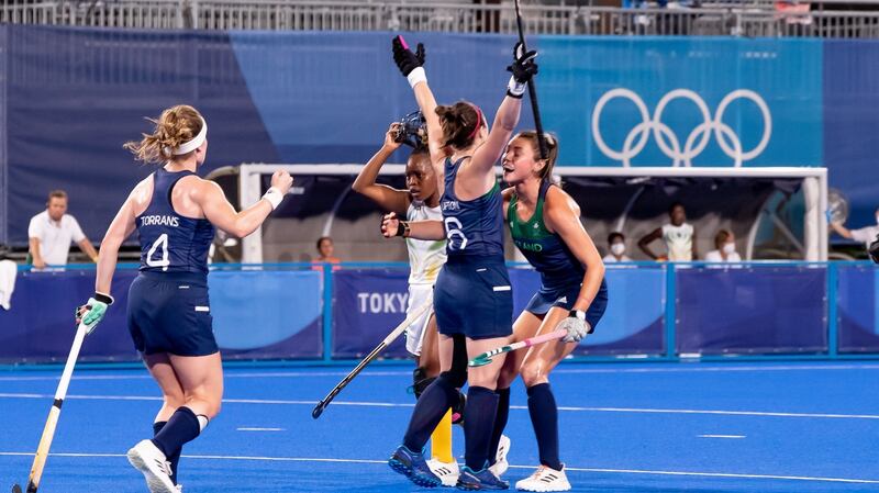 Ireland’s Róisín Upton celebrates scoring the opening goal in the match against South Africa at the Oi Hockey Stadium in Tokyo. Photograph: Morgan Treacy/Inpho